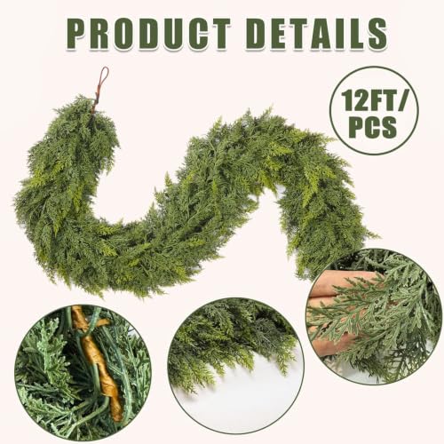 12Ft Christmas Garland,Real Touch Cedar Garland,Realistic Faux Pine Garland - size: 12FT