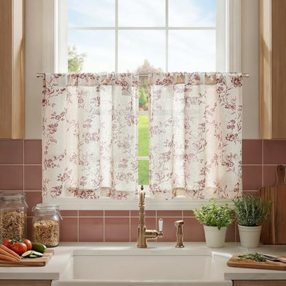 jinchan Floral Linen Kitchen Tier Curtains, 24 Inch, 2 Panels, Maroon - color: Alisa Maroon, size: 26"W x 24"L (Pack of 2)