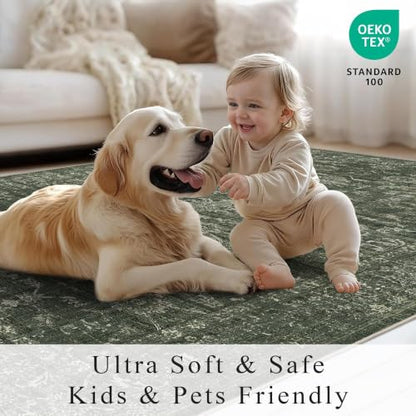3x5 Washable Entryway Area Rug Non-Slip Retro Dark Green Throw Carpet - color: Dark Green, size: 3' x 5' (Rectangular)