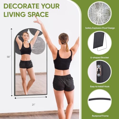 Full-Length Floor Mirror with Stand, 58"x21" Arched Style Full Body Standing Mirror for Bedroom, Living Room, Gym, Dorm - Shatter-Resistant & Easy Assembly, Black