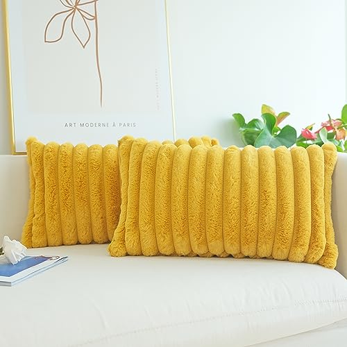 JOJUSIS Faux Fur Plush Throw Pillow Covers, Mustard Yellow, 12 x 20-Inch - color: Mustard Yellow, size: 20" x 12" (Pack of 2)