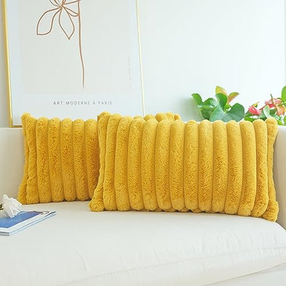JOJUSIS Faux Fur Plush Throw Pillow Covers, Mustard Yellow, 12 x 20-Inch - color: Mustard Yellow, size: 20" x 12" (Pack of 2)