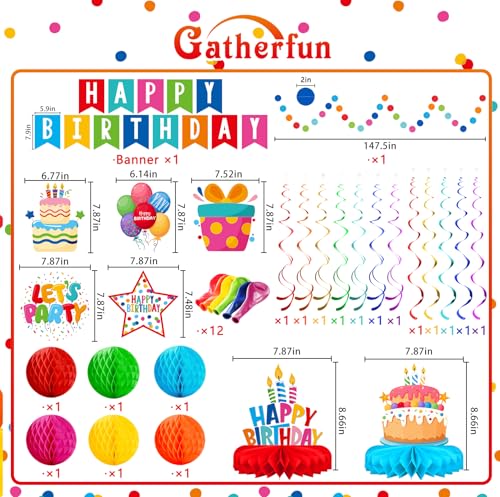 Happy Birthday Decorations Kit: Happy Birthday Banner,Birthday Circle Confetti Garland, Swirl Streamers, Honeycomb Balls, Birthday Balloons and Honeycomb Centerpiece for Kids' Birthday Party Supplies - style: BIRTHDAY