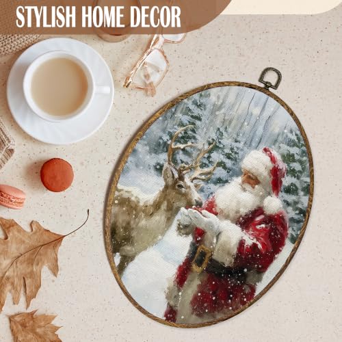 FSTCSV Winter Santa Claus Reindeer Oval Wall Art Framed 8.8x11.5in - color: oval-1