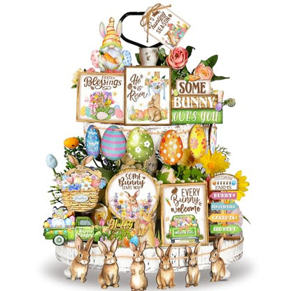 Amyhill 24 Pcs Easter Tiered Tray Decor Bunny Easter Spring Decorations Farmhouse Wooden Signs Gnome Egg Flower Tiered Tray Decor for Home Kitchen Coffee Bar Table Shelf - style: Delicate Easter