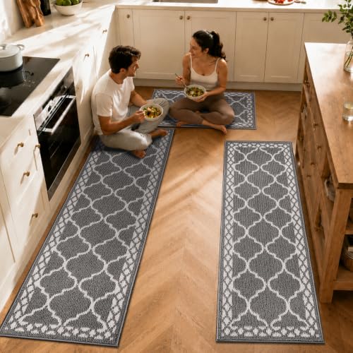 3 Piece Kitchen Rugs, Non Slip Waterproof Mats for Home(Grey) - color: Grey, size: 3-SET