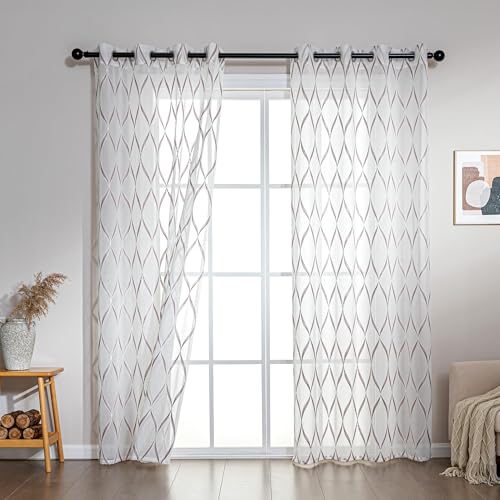 SLEEP ZONE Sheer Curtains for Living Room and Bedroom, Embroidered Sheer Curtains White Sheer Curtain 42 × 84 inches Long of 2 Panels, Off-White Waves - color: White Waves, size: 42"W×84"L