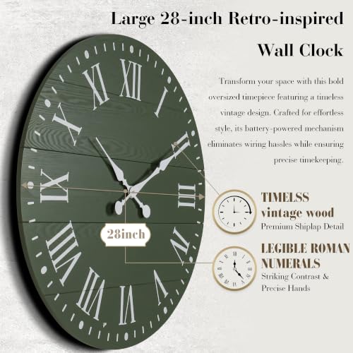 Large Wall Clock with Roman Numeral, 28” Shiplap Farmhouse Clock - color: Green, size: 28 Inch