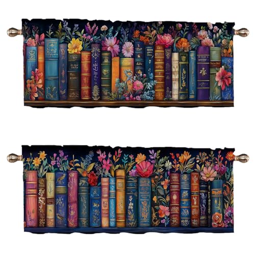 Bookshelf Kitchen Curtains Set of 2 Educational Bookcase Watercolor Flowers Rod Pocket Decorative Small Window Curtains Valance for Cafe Living Room Bathroom Window Treatment Valances 54x18 inch - color: Bookshelf