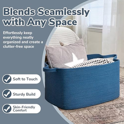 Goodpick Large Woven Rope Blanket Basket, Rectangle, Dark Blue - color: Dark Blue, size: Large(21.6"L x 14.9"W x 11.8"H)