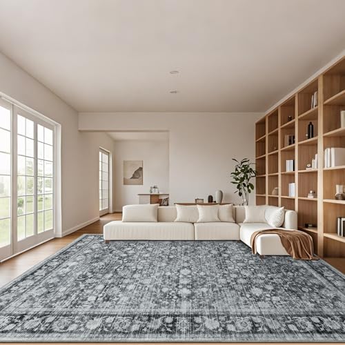 8x10 Washable Rug for Living Room, Large Vintage Indoor Area Rug Non Slip, Thin Throw Floral Floor Low Pile Carpet for Bedroom Office Nursery Dining Room Dorm Distressed Grey - color: Distressed Gray, size: 8' x 10' (Rectangular)