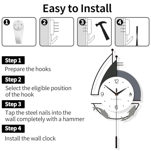 Decorative Wall Clock for Living Room, Creative Silent Non Ticking Modern Wall Clocks with Pendulum, Battery Operated, Large Wall Clock for Living Room, Kitchen, Bedroom (Black White, 36.2x18.1inch)