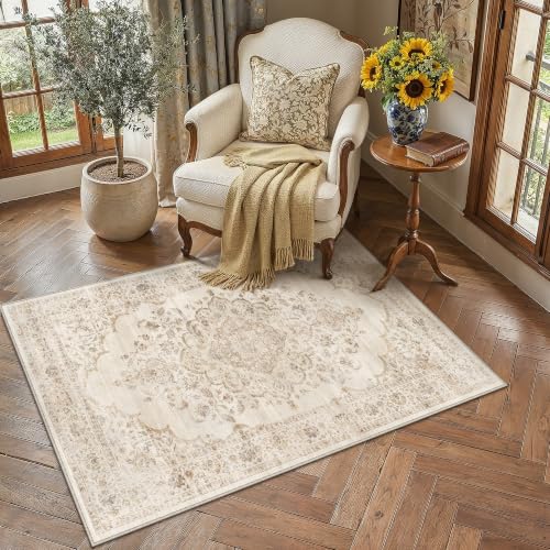 3x5 Beige Washable Neutral Area Rug Living Room - color: Neutral | Beige, size: 3' x 5' (Rectangular)