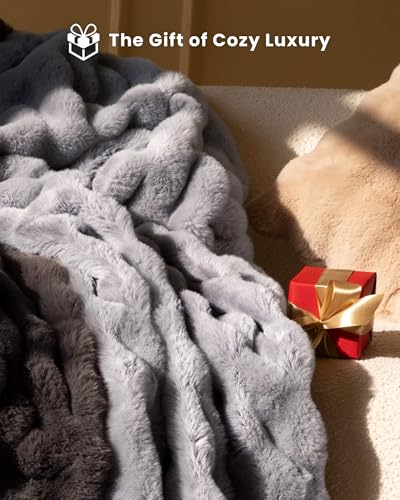 Ultra Soft Cozy Faux Fur Throw Blanket, Fuzzy Plush Thick Bubble Blanket, Oversize Luxury Fluffy Blanket for Couch, Bed, and Living Room, 60x80 Inches, Light Grey - color: Bubble Light Grey, size: Twin(60" X 80")