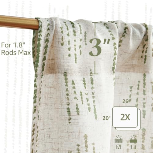 jinchan Linen Striped Tier Curtains for Kitchen Windows Boho - color: Boho Green | on Beige, size: 26"W x 20"L (Pack of 2)