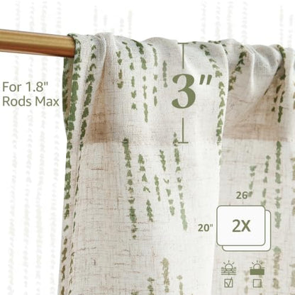 jinchan Linen Striped Tier Curtains for Kitchen Windows Boho - color: Boho Green | on Beige, size: 26"W x 20"L (Pack of 2)