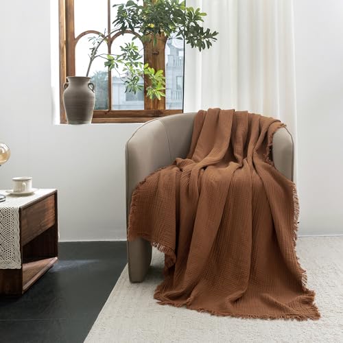 FOSSA Muslin Blanket 4-Layer 100% Cotton Gauze Blanket with Fringe 108"x98" - color: Dark Orange, size: Super King(108" × 98")