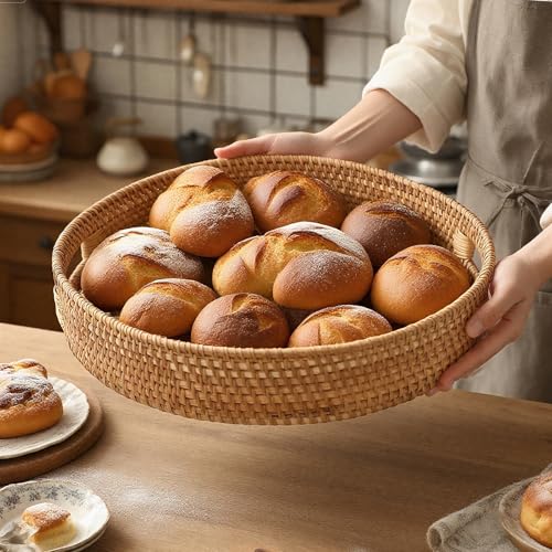 Round Rattan Serving Tray, Natural Wicker Decorative Tray for Serving, Fruit/Bread Serving Basket, Round Woven Tray with Handles.(Large:13.8inch) - size: 13.8"