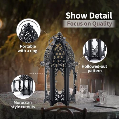 NUPTIO Moroccan Style Candle Lantern, Tealight Candle Holder with Glass - color: Black, size: 2 Pcs Small Size