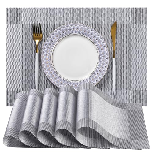 LEXMORE Placemats Set of 6 Vinyl/Plastic Woven Place Mats for Kitchen Table Indoor/Outdoor Washable Placemat Wipeable Dining Table Mats(Silver Cube) - color: G-silver Cube