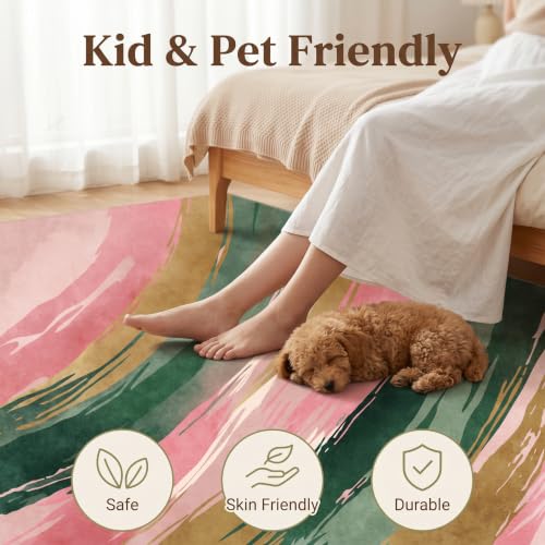 5x7 Pink and Green Area Rug, Modern Abstract Brushstroke Design - color: Pink/Green/Gold, size: 5' x 7' (Rectangular)