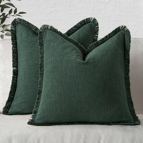 MIULEE Boho Linen Fringe Decorative Throw Pillow Covers Army Green 18x18 - color: Army Green, size: 18" x 18" (Pack of 2)
