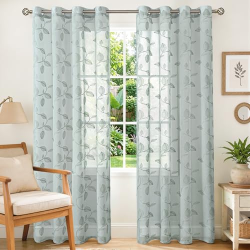 BGment Sage Green Leaf Sheer Curtains 84 Inches Long Living Room 2 Panels - color: Sage-leaf, size: 52"W x 84"L (Pack of 2)