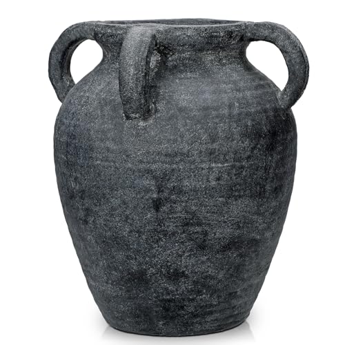 Handmade Flower Vase, 12" Tall Terracotta Vase, Vintage Black Ceramic vase, Rustic Antique Decor with 3 Handles, Wide Mouth, Matte Finish for Home Office Resto Café Décor - color: Lightslategray With Handles 12"