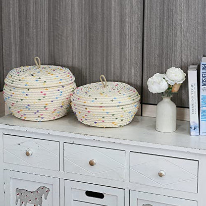 Sea Team Round Woven Cotton Rope Storage Basket with Lid, Rainbow - color: Rainbow, size: Small