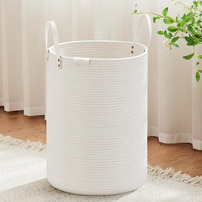 VIPOSCO 72L Tall Woven Rope Laundry Hamper, Leather Handles, White - color: White, size: 72L