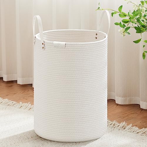 VIPOSCO 72L Tall Woven Rope Laundry Hamper, Leather Handles, White - color: White, size: 72L