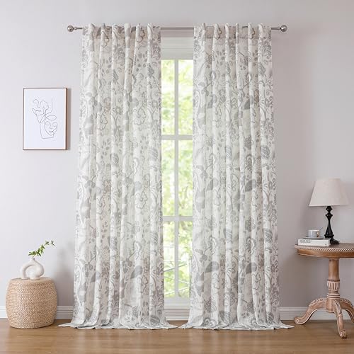 Kayne Studio Grey Jacobean Floral Rod Pocket Semi Sheer Curtains 90 Inches - color: Linen Grey, size: 52"W x 90"L (Pack of 2)