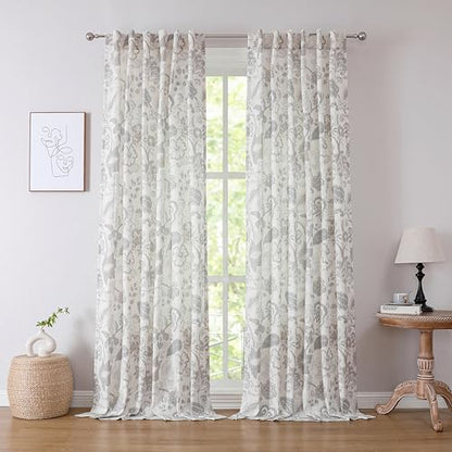 Kayne Studio Grey Jacobean Floral Rod Pocket Semi Sheer Curtains 90 Inches - color: Linen Grey, size: 52"W x 90"L (Pack of 2)