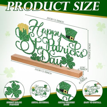 Yaocom 13.78 Inch St Patricks Day Decorations Metal Happy St Patricks Day Irish Shamrock Table Sign Decor with Wooden Base Lucky Clover Leprechaun Centerpiece Gift Decorations for Home Office - style: St. Patrick’s Day