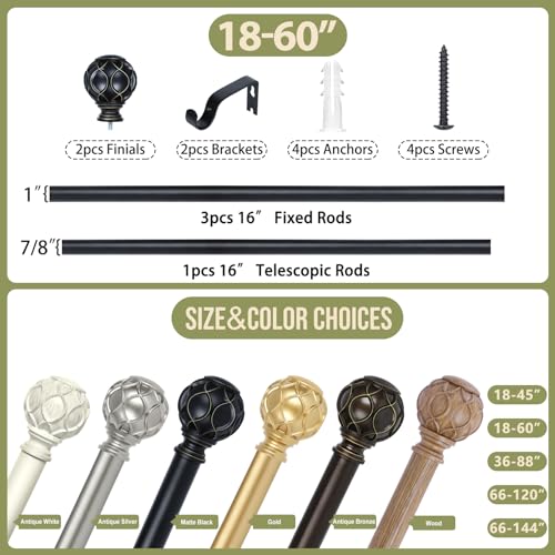 TANGWIN Farmhouse Curtain Rod Adjustable 18-60",1" Heavy Duty Boho,Black - color: Matte Black, size: 18-60" & 1pack