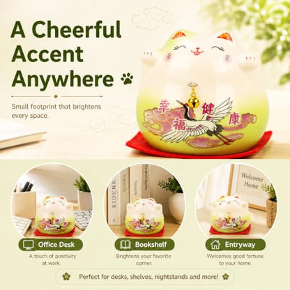 kcrygogo Green Maneki Neko Lucky Cat Figurine, Ceramic Japanese Fortune Cat Statue with Happiness Health Artwork and Red Cushion, Cute Good Luck Desk Shelf Table Decor Gift for Home Office Shop