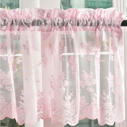 Kotile Pink Lace Valance for Windows Rustic Floral W52xL18 Inch 1 Panel - color: Pink