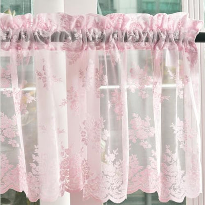 Kotile Pink Lace Valance for Windows Rustic Floral W52xL18 Inch 1 Panel - color: Pink