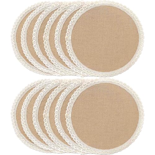FunWheat Burlap Round Braided Placemats Set of 12 for Dining Tables 15 Inch Heat Resistant Jute Table Mats Farmhouse Woven Fabric Natural Place mats for Fall Decoration(Cotton Lace) - color: H Cotton Lace, size: 12pcs
