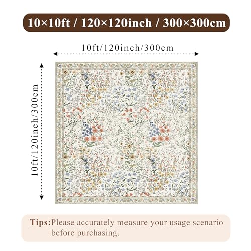 10x10 Square Area Rug Living Room: Boho Floral Washable Mat for Dining Room Bedroom Office High Traffic Area Soft Non Slip Low Pile Indoor Carpet for Vintage Farmhouse Home Decor (10ft Square, Beige) - color: Beige, size: 10x10
