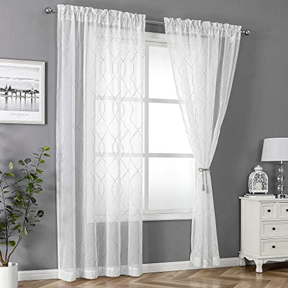 VISIONTEX White Sheer Curtains Grey Dots Moroccan Embroidered 96 Inches - color: Dots-grey, size: 54"W x 96"L (Pack of 2)