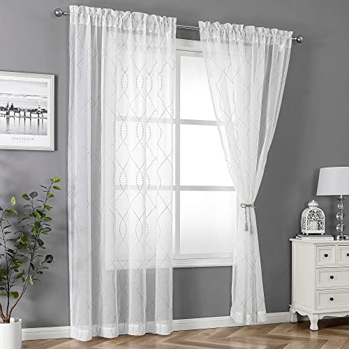 VISIONTEX White Sheer Curtains Grey Dots Moroccan Embroidered 63 Inches - color: Dots-grey, size: 54"W x 63"L (Pack of 2)