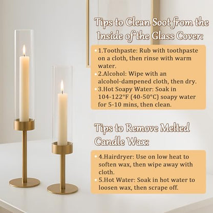 6Pcs Hurricane Glass Candle Holders Gold Candlestick Holders Taper Candle Holder with 9.8" Windproof Clear Cylinder Covers for Outdoor Indoor Tall Candle Stick Holder Decor for Wedding Party Fireplace