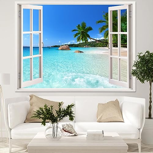 Leeisysme Beach Landscape Tapestry, Tropic Ocean Sea Island Palm Tree Seaside Tapestries for Living Room Summer Window Wall Hanging Teal Wave 36×48 Inch - color: Teal Wave, size: 48"L x 36"W
