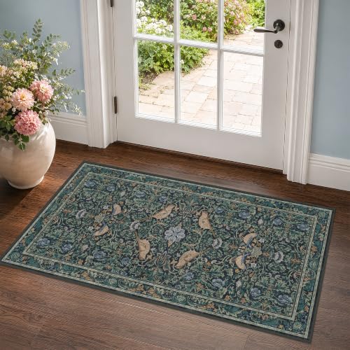 Hazo Haus Washable Floral Small 2x4 Thin Door Mats for Inside Entry, Dark Blue Bird Non Slip Kitchen Rug, Low Pile Bathroom Rug, Traditional Carprt for Bedroom Besdide Bed - color: Blue, size: 2' x 4' (Rectangular)