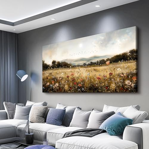 KELIYUAN Canvas Wall Art For Kitchen Dining Room Vintage Decor, Lawn Paintings With Flowers Wall Decor Prints Home Office Living Room Bedroom Decoration Home Decor, Can Be Hung Directly 20 "X 40" - color: Yellow Retro Oil Painting Flowers, size: 40"L x 20