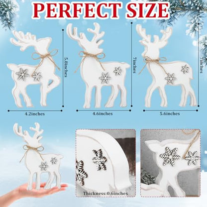 3Pcs Cute Christmas Tiered Tray Decor Indoor, Wooden Farmhouse Reindeer Christmas Tabletop Decorations Xmas Centerpiece, Rustic Reindeer Sign Standing Elk Decor for Home Shelf (White) - style: White