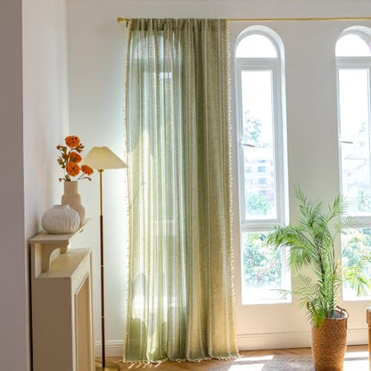 Deeprove Green Boho Linen Curtains 72 inches Length for Bedroom Living Room Dining Nursery Closet, Hollow Sage Semi Sheer Curtains Darkening Embroidery Drape Window Treatment, 1 Panel W52 x L72 - color: Green, size: 52"W x 72"L (Pack of 1)