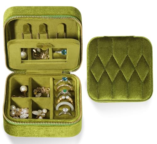 Small Travel Jewelry Box, Jewelry Case Organizer with Mirror, Adjustable Compartments for Women | Luxury Storage Case & Gift for Her - MossGreen - color: MossGreen