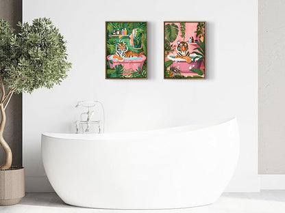 2-Pack Framed Whimsical Tiger In Bathtub Wall Art for Bathroom 12″×16″ - color: Tiger in Bathtub, size: 12"x16"